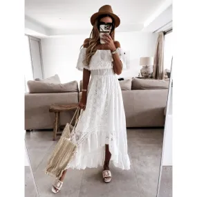Bohemia Summer Shoulderless Short Sleeve Lace Irregular Hem Hollow Gown Evening Party Prom Cocktail Maxi Formal Long Dress