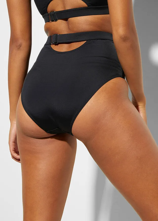 Recycled black high-waisted polyamide bikini bottom with adjustable width.