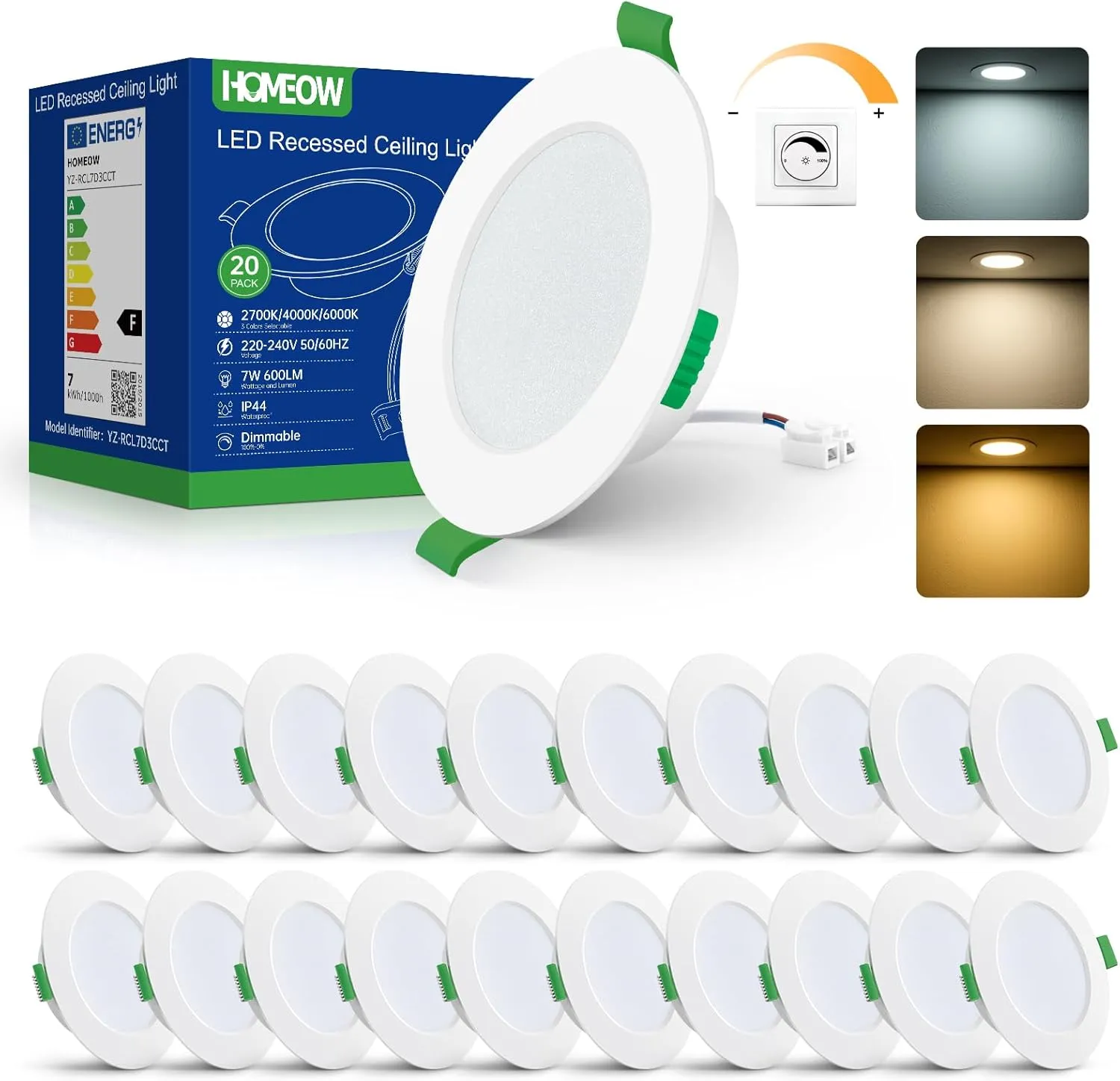 HOMEOW Pack 20 Downlight LED Techo Empotrable Regulable, 7W 220V Focos LED Interior Techo 3CCT Temperatura de Color Regulable, I