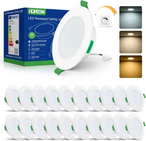 HOMEOW Pack 20 Downlight LED Techo Empotrable Regulable, 7W 220V Focos LED Interior Techo 3CCT Temperatura de Color Regulable, I