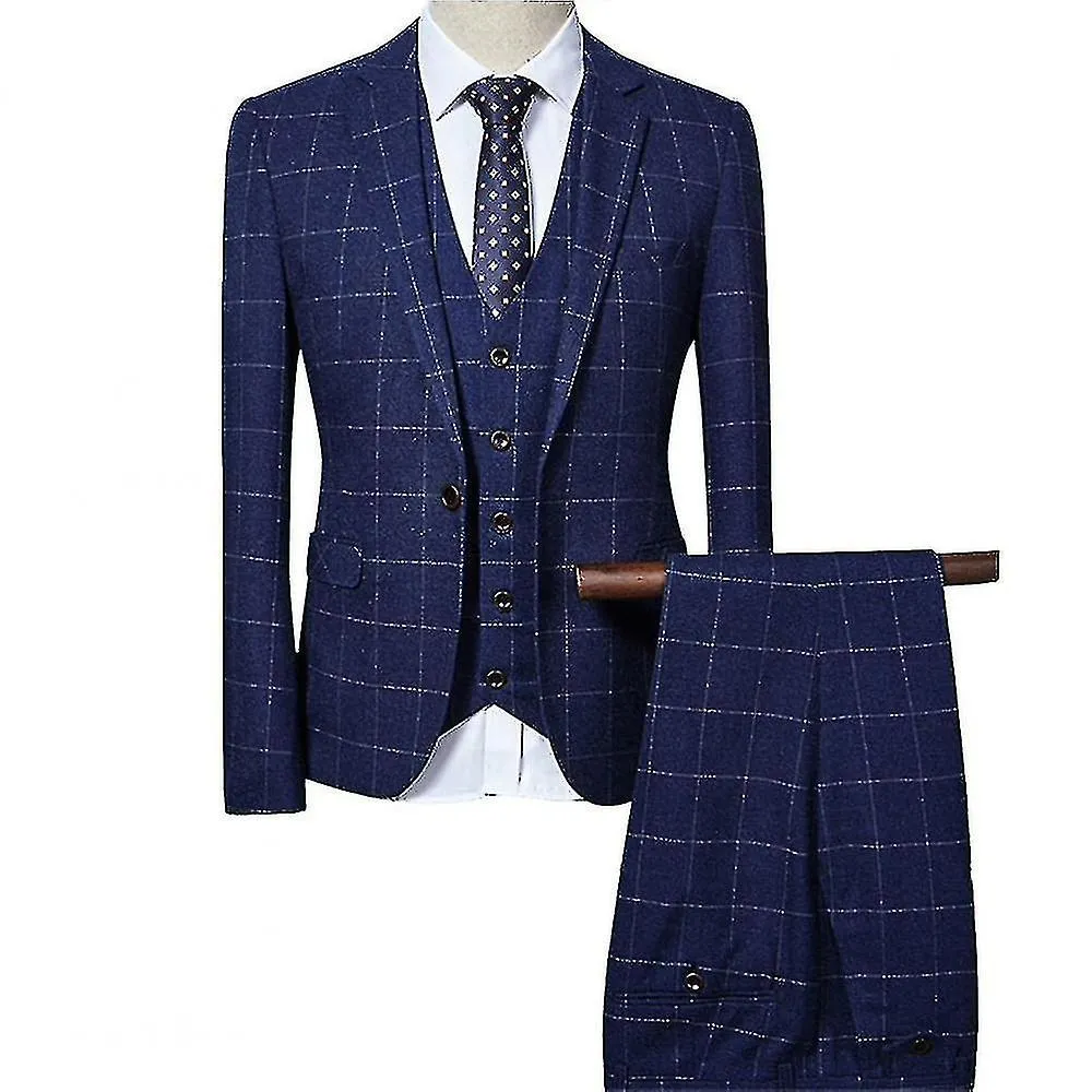 Men's Retro Single-breasted Slim Fit Check Suit - 3-piece Set