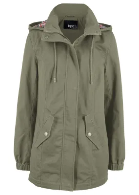 Cotton hooded printed olive green lightweight parka