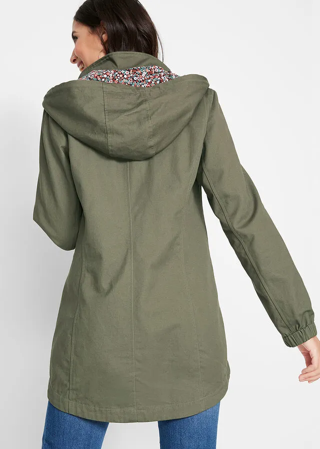 Cotton hooded printed olive green lightweight parka