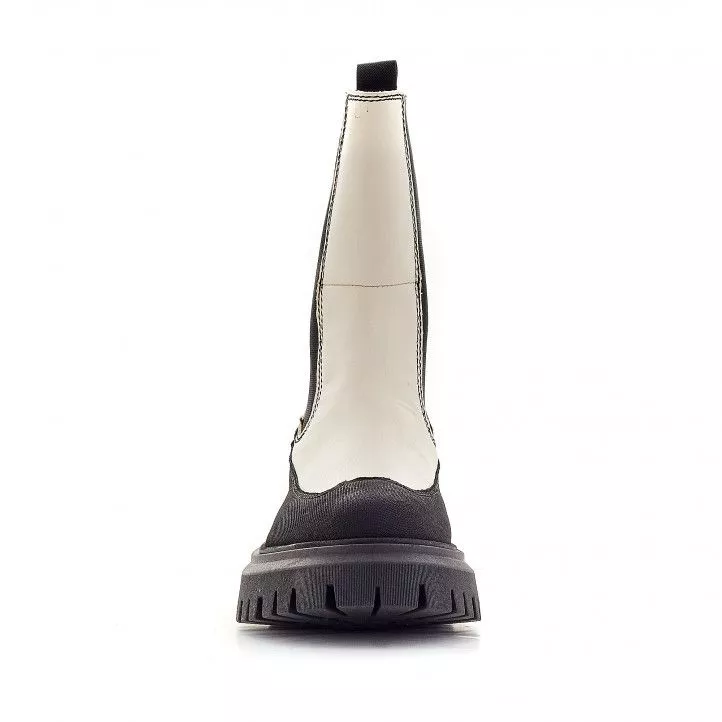 Redlove Helga platform booties with two-tone white and black leather, elastic band, and platform.
