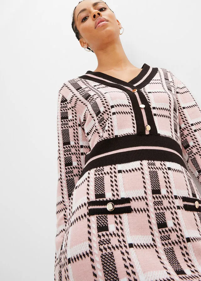 Pink and Black Checkered Formal Knit Dress.